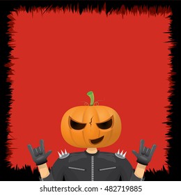 Happy halloween vector creative background. man in halloween costume with pumpkin head rock n roll style halloween greeting card with text. Happy halloween rock concert poster design template.