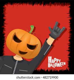 Happy halloween vector creative background. man in halloween costume with pumpkin head rock n roll style halloween greeting card with text. Happy halloween rock concert poster design template.