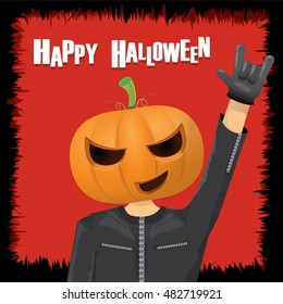 Happy halloween vector creative background. man in halloween costume with pumpkin head rock n roll style halloween greeting card with text. Happy halloween rock concert poster design template.