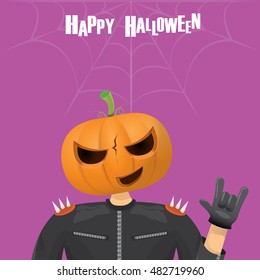 Happy halloween vector creative background. man in halloween costume with pumpkin head rock n roll style halloween greeting card with text. Happy halloween rock concert poster design template.