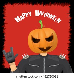 Happy halloween vector creative background. man in halloween costume with pumpkin head rock n roll style halloween greeting card with text. Happy halloween rock concert poster design template.