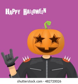 Happy halloween vector creative background. man in halloween costume with pumpkin head rock n roll style halloween greeting card with text. Happy halloween rock concert poster design template.