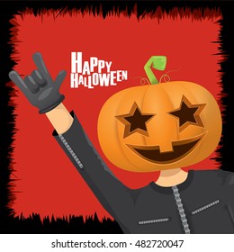Happy halloween vector creative background. man in halloween costume with pumpkin head rock n roll style halloween greeting card with text. Happy halloween rock concert poster design template.