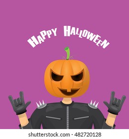 Happy halloween vector creative background. man in halloween costume with pumpkin head rock n roll style halloween greeting card with text. Happy halloween rock concert poster design template.
