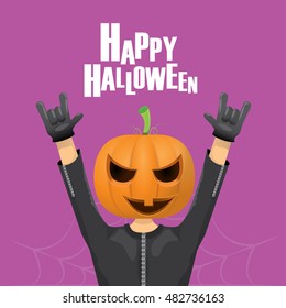 Happy halloween vector creative background. man in halloween costume with pumpkin head rock n roll style halloween greeting card with text. Happy halloween rock concert poster design template.
