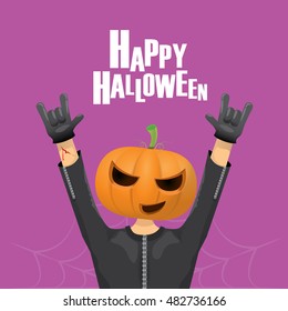 Happy halloween vector creative background. man in halloween costume with pumpkin head rock n roll style halloween greeting card with text. Happy halloween rock concert poster design template.
