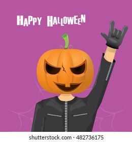 Happy halloween vector creative background. man in halloween costume with pumpkin head rock n roll style halloween greeting card with text. Happy halloween rock concert poster design template.
