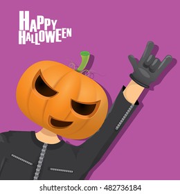 Happy halloween vector creative background. man in halloween costume with pumpkin head rock n roll style halloween greeting card with text. Happy halloween rock concert poster design template.
