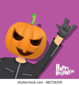 Happy halloween vector creative background. man in halloween costume with pumpkin head rock n roll style halloween greeting card with text. Happy halloween rock concert poster design template.
