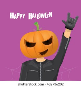 Happy halloween vector creative background. man in halloween costume with pumpkin head rock n roll style halloween greeting card with text. Happy halloween rock concert poster design template.
