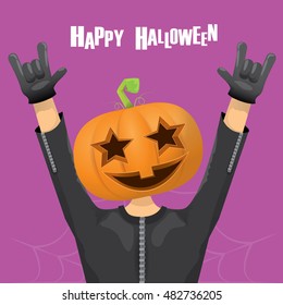 Happy halloween vector creative background. man in halloween costume with pumpkin head rock n roll style halloween greeting card with text. Happy halloween rock concert poster design template.
