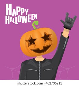 Happy halloween vector creative background. man in halloween costume with pumpkin head rock n roll style halloween greeting card with text. Happy halloween rock concert poster design template.
