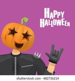 Happy halloween vector creative background. man in halloween costume with pumpkin head rock n roll style halloween greeting card with text. Happy halloween rock concert poster design template.
