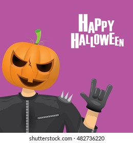 Happy halloween vector creative background. man in halloween costume with pumpkin head rock n roll style halloween greeting card with text. Happy halloween rock concert poster design template.
