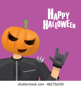 Happy halloween vector creative background. man in halloween costume with pumpkin head rock n roll style halloween greeting card with text. Happy halloween rock concert poster design template.

