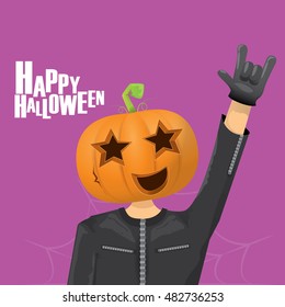 Happy halloween vector creative background. man in halloween costume with pumpkin head rock n roll style halloween greeting card with text. Happy halloween rock concert poster design template.
