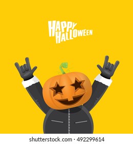 Happy halloween vector creative background. man in halloween costume with pumpkin head rock n roll style halloween greeting card with text. Happy halloween rock concert poster design template.