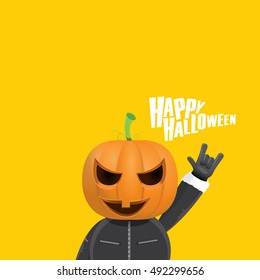 Happy halloween vector creative background. man in halloween costume with pumpkin head rock n roll style halloween greeting card with text. Happy halloween rock concert poster design template.