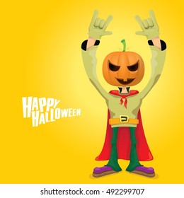 Happy halloween vector creative background. man in halloween costume with pumpkin head rock n roll style halloween greeting card with text. Happy halloween rock concert poster design template.