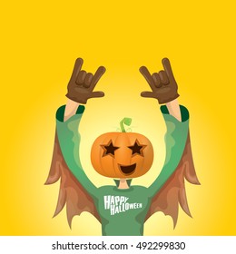 Happy halloween vector creative background. man in halloween costume with pumpkin head rock n roll style halloween greeting card with text. Happy halloween rock concert poster design template.
