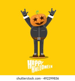 Happy halloween vector creative background. man in halloween costume with pumpkin head rock n roll style halloween greeting card with text. Happy halloween rock concert poster design template.
