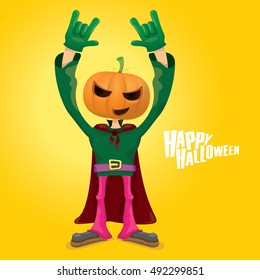 Happy halloween vector creative background. man in halloween costume with pumpkin head rock n roll style halloween greeting card with text. Happy halloween rock concert poster design template.