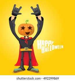 Happy halloween vector creative background. man in halloween costume with pumpkin head rock n roll style halloween greeting card with text. Happy halloween rock concert poster design template.