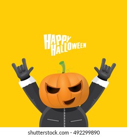 Happy halloween vector creative background. man in halloween costume with pumpkin head rock n roll style halloween greeting card with text. Happy halloween rock concert poster design template.