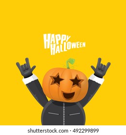 Happy halloween vector creative background. man in halloween costume with pumpkin head rock n roll style halloween greeting card with text. Happy halloween rock concert poster design template.