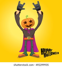 Happy halloween vector creative background. man in halloween costume with pumpkin head rock n roll style halloween greeting card with text. Happy halloween rock concert poster design template.