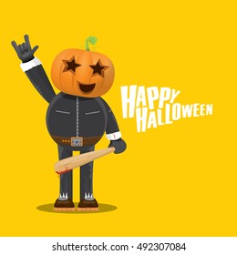 Happy halloween vector creative background. man in halloween costume with pumpkin head rock n roll style halloween greeting card with text. Happy halloween rock concert poster design template.