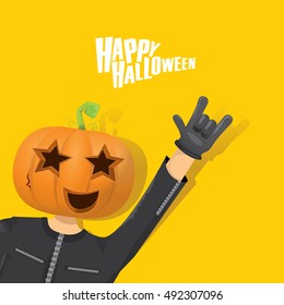 Happy halloween vector creative background. man in halloween costume with pumpkin head rock n roll style halloween greeting card with text. Happy halloween rock concert poster design template.