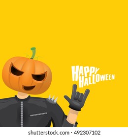 Happy halloween vector creative background. man in halloween costume with pumpkin head rock n roll style halloween greeting card with text. Happy halloween rock concert poster design template.