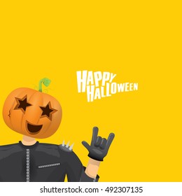 Happy halloween vector creative background. man in halloween costume with pumpkin head rock n roll style halloween greeting card with text. Happy halloween rock concert poster design template.