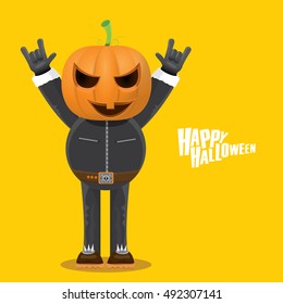 Happy halloween vector creative background. man in halloween costume with pumpkin head rock n roll style halloween greeting card with text. Happy halloween rock concert poster design template.