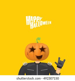 Happy halloween vector creative background. man in halloween costume with pumpkin head rock n roll style halloween greeting card with text. Happy halloween rock concert poster design template.