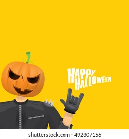 Happy halloween vector creative background. man in halloween costume with pumpkin head rock n roll style halloween greeting card with text. Happy halloween rock concert poster design template.