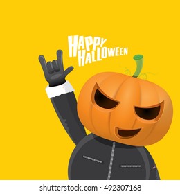 Happy halloween vector creative background. man in halloween costume with pumpkin head rock n roll style halloween greeting card with text. Happy halloween rock concert poster design template.