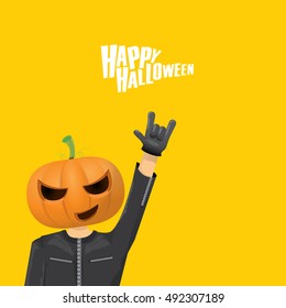 Happy halloween vector creative background. man in halloween costume with pumpkin head rock n roll style halloween greeting card with text. Happy halloween rock concert poster design template.