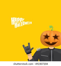 Happy halloween vector creative background. man in halloween costume with pumpkin head rock n roll style halloween greeting card with text. Happy halloween rock concert poster design template.