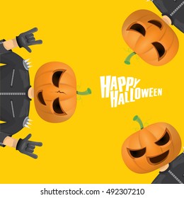 Happy halloween vector creative background. man in halloween costume with pumpkin head rock n roll style halloween greeting card with text. Happy halloween rock concert poster design template.