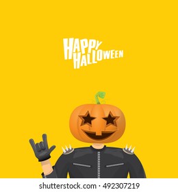 Happy halloween vector creative background. man in halloween costume with pumpkin head rock n roll style halloween greeting card with text. Happy halloween rock concert poster design template.