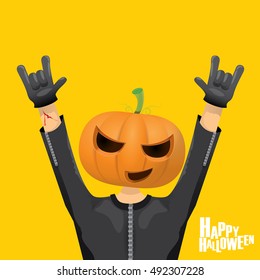 Happy halloween vector creative background. man in halloween costume with pumpkin head rock n roll style halloween greeting card with text. Happy halloween rock concert poster design template.