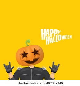 Happy halloween vector creative background. man in halloween costume with pumpkin head rock n roll style halloween greeting card with text. Happy halloween rock concert poster design template.