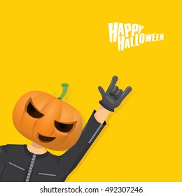 Happy halloween vector creative background. man in halloween costume with pumpkin head rock n roll style halloween greeting card with text. Happy halloween rock concert poster design template.