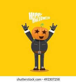 Happy halloween vector creative background. man in halloween costume with pumpkin head rock n roll style halloween greeting card with text. Happy halloween rock concert poster design template.