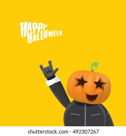 Happy halloween vector creative background. man in halloween costume with pumpkin head rock n roll style halloween greeting card with text. Happy halloween rock concert poster design template.