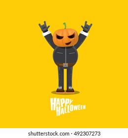 Happy halloween vector creative background. man in halloween costume with pumpkin head rock n roll style halloween greeting card with text. Happy halloween rock concert poster design template.