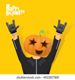 Happy halloween vector creative background. man in halloween costume with pumpkin head rock n roll style halloween greeting card with text. Happy halloween rock concert poster design template.