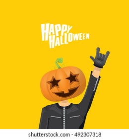 Happy halloween vector creative background. man in halloween costume with pumpkin head rock n roll style halloween greeting card with text. Happy halloween rock concert poster design template.